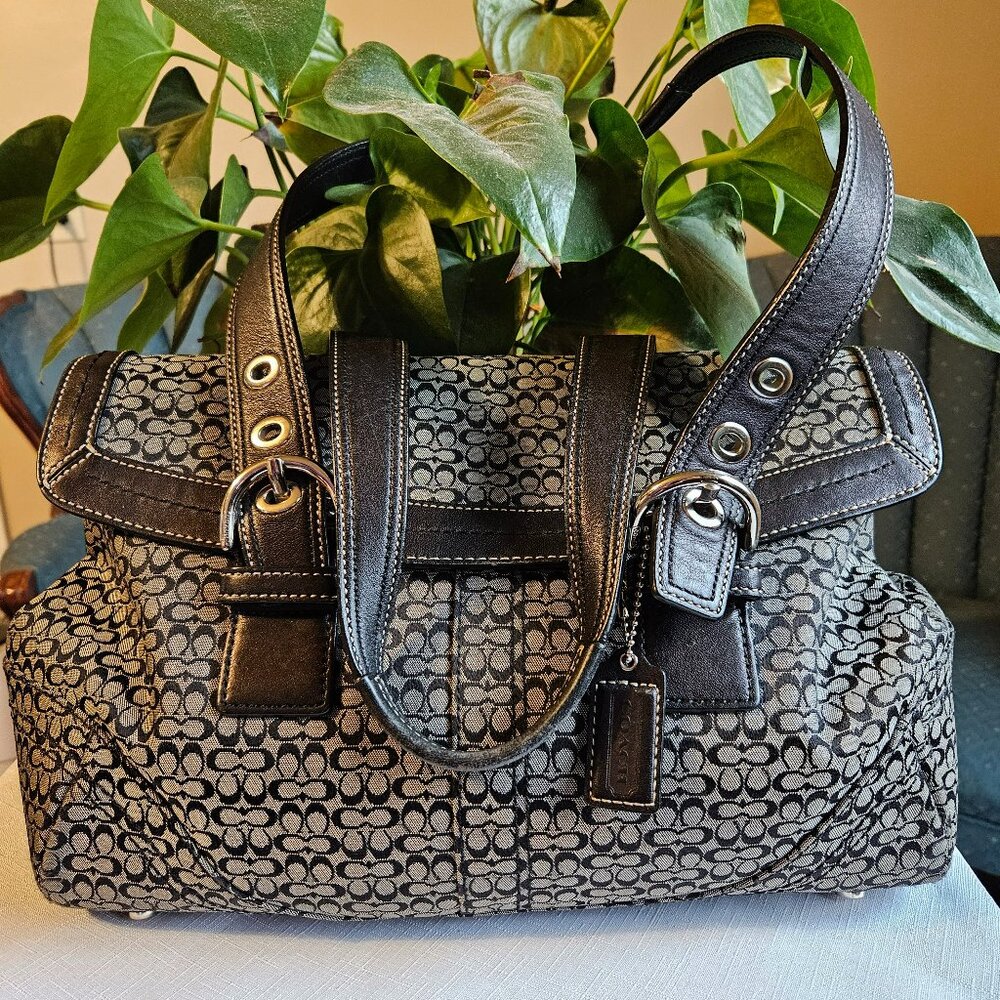 Coach Soho EUC Signature Flap Leather Black Grey Handbag-Item #714